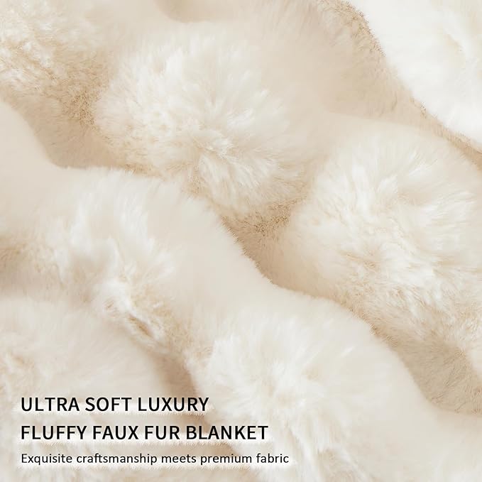 Cozy Faux Fur Throw Blanket for Bed-Warm Fuzzy Throw Blanket, Soft Plush Thick Bubble Blankets for Bedroom and Living Room, Furry Luxury Blanket, 90 x 90, Cream