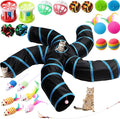 Poen 21 Pcs Cat Tunnel for Indoor Set Collapsible 5 Way Tubes with 20 Pcs Cat Kitten Toys Interactive Feather Toy Mouse Crinkle Balls Tube for Puppy Kitten Rabbit(Blue Black)