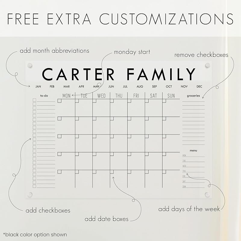 Personalized Clear Acrylic Calendar for Wall, Calendar Whiteboard for Wall, Dry Erase Wall Calendar, Wall Calendar Organizer System for Home (Block, Grey, 23"W x18.5"H)