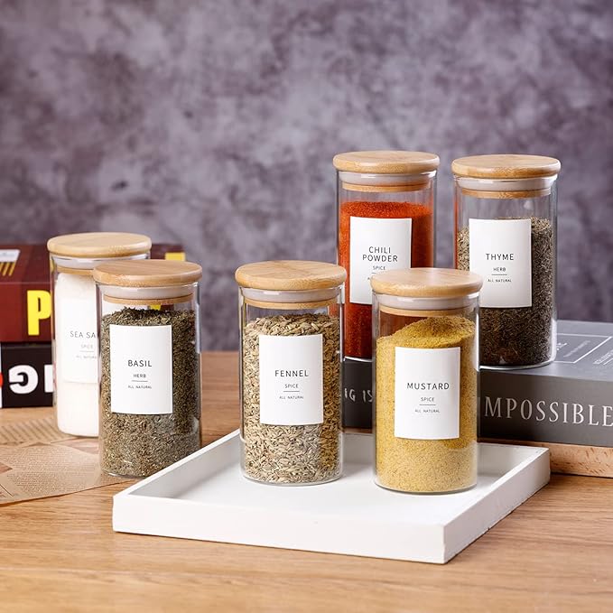 12 Pcs Glass Spice Jars With Bamboo Airtight Lids, 10oz Thicken(2.4mm) Spice Containers With 148 Minimalist Preprinted Waterproof Spice Labels, Kitchen Empty Small Storage Jars For Seasoning, Herb