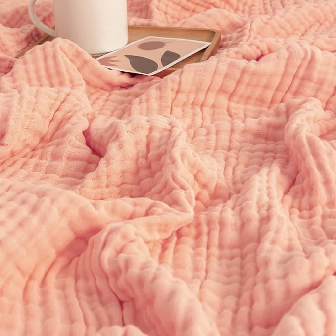 EMME Muslin and Cotton Twin Blankets for Couch Breathable Gauze Blanket All Season Soft and Lightweight Pre-Washed Cotton Blanket (Pink, 60"x80")