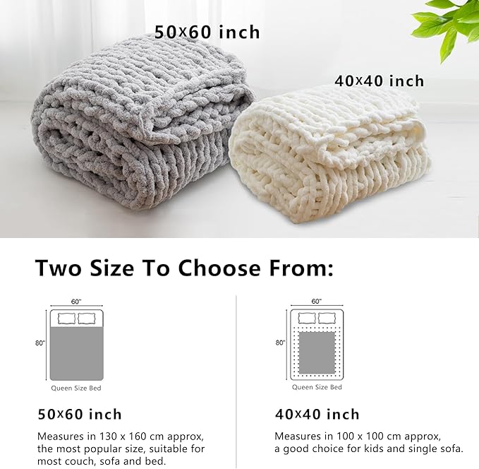 WESHIONGOO Chunky Knit Blanket Throw 40"×40" Knitted Throw Blankets for Couch Bed Fluffy Soft Blanket with Jumbo Chenille Yarn Thick 100% Handmade (White)