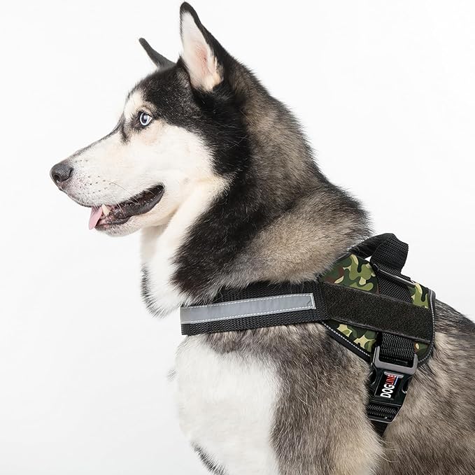 Dogline Dog Harness, Reflective No-Pull Adjustable Vest with Handle for Walking, Training, Breathable, No - Choke Harness for Small, Medium or Large Dogs Room for Patches Girth 33"-46" in Green Camo
