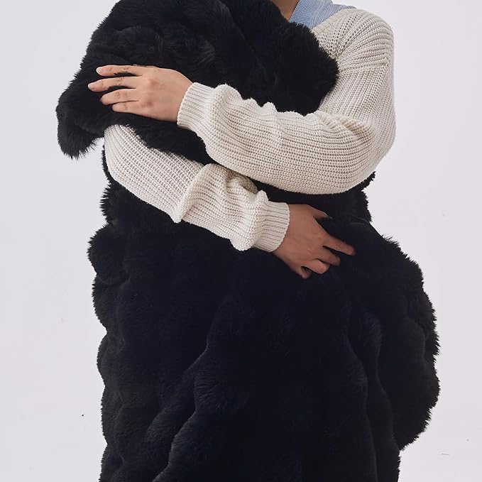 Lotus Karen Faux Fur Blanket Black - Big Bubble Rabbit Fluff King Throw for The Bed Large Fluffy Fuzzy Cozy Thick Furry Plush Shaggy Blankets 108x90 Inches