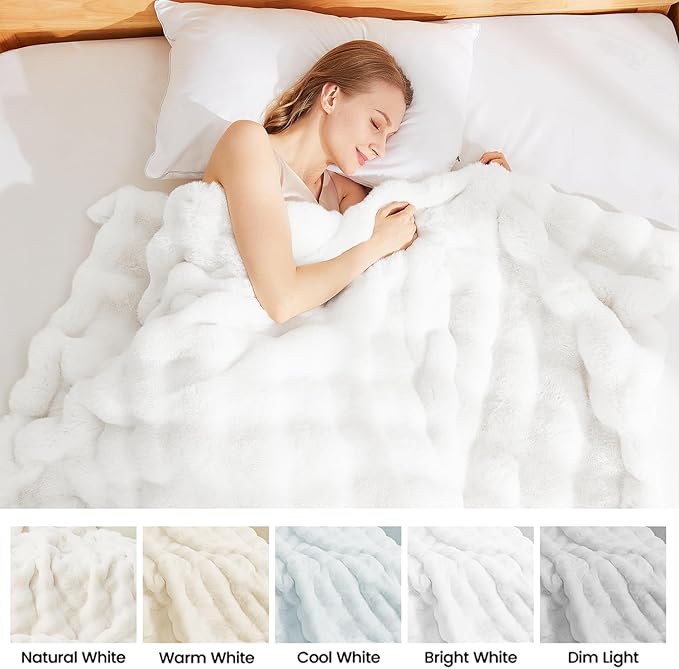 Latepis White Faux Fur Queen Blanket Cozy Bubble Soft Fuzzy Thick Living Room Blankets for Bed Sofa Bedroom Plush Fluffy Warm Blankets for All Seasons Luxury Throw Blanket 90x90 Inch, 860gsm