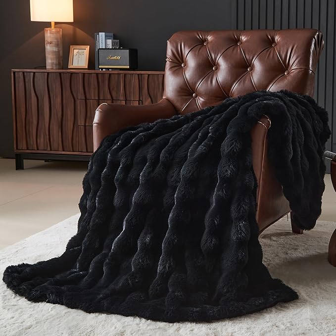 Lotus Karen Faux Fur Throw Blanket Black - Big Bubble Rabbit Fluff Blanket for Couch, Small Fluffy Fuzzy Cozy Blanket, Thick Furry Plush Shaggy Blankets, 50x60 Inches