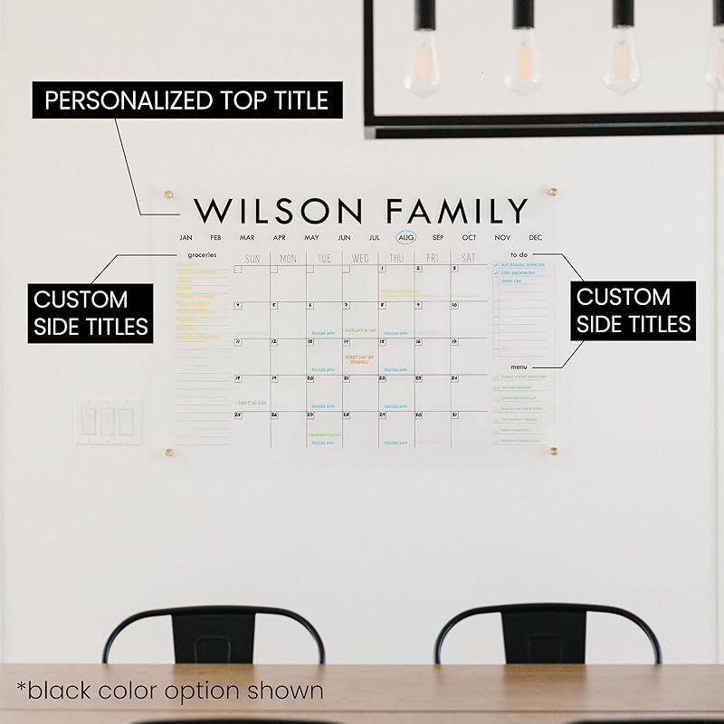 Personalized Clear Acrylic Calendar for Wall, Calendar Whiteboard for Wall, Dry Erase Calendar for Wall, Wall Calendar Organizer System for Home (Block, Black, 14"W x 11"H)