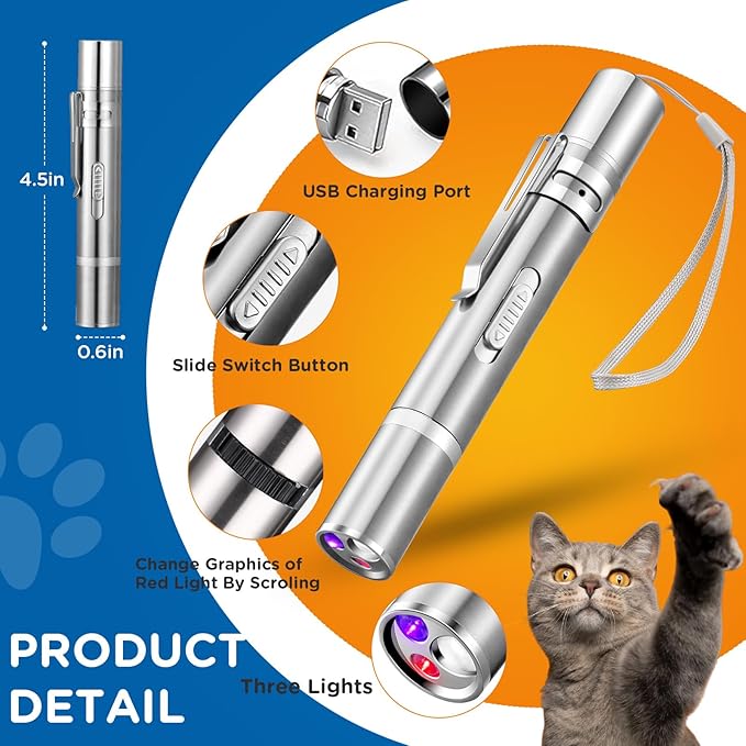 Cat Pointer Toy 2 Pack, Red LED Light Pointer Cat Toys for Indoor, USB Rechargeable 3 Light Colors Interactive Pet Toys, Chaser Training Interactive Toy