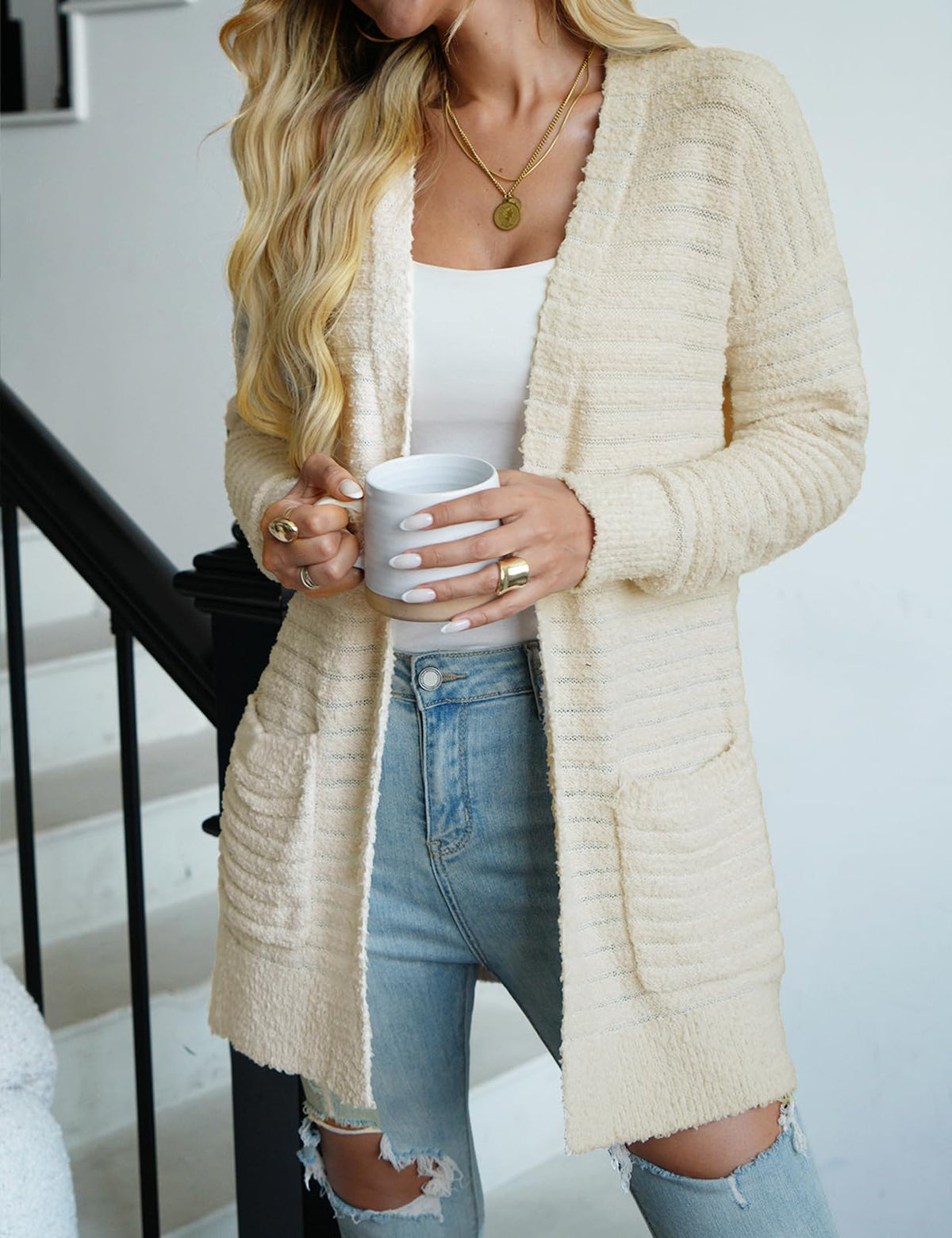 CiCiBird Women Long Fuzzy Knit Cardigan Sweater Open Front Beige Size XL