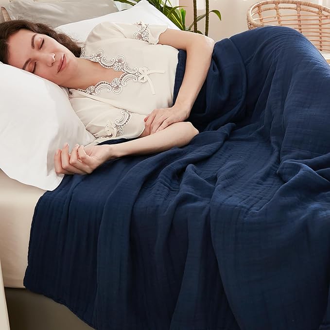 EMME Cotton Blanket Queen Size for Bed Soft Large Muslin Bed Blankets 90"x90" Lightweight Breathable All Season Gauze Blanket, Navy