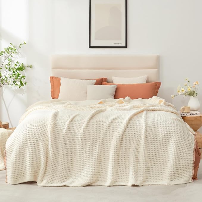 Snuggle Sac Cream Bedding Blankets Queen Size 90x90 inches, Reversible Microfiber Fluffy Fuzzy Soft Throw Cozy Knit Blanket for Women Mothers Birthday Gifts