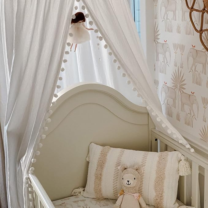 Bed Canopy with Pom Pom Cotton Canopy for Kids Crib Baby Girl Netting Cover Canopy Crib Curtain Reading Nook Hanging Tent Nursery Play Game Castle Room Decoration (White)