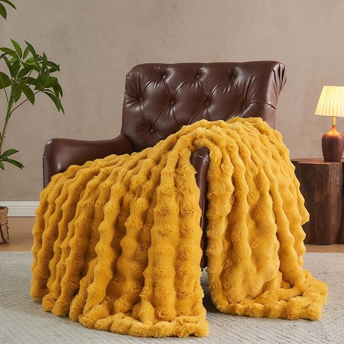 Lotus Karen Faux Fur Throw Blanket Ginger Yellow - Big Bubble Rabbit Fluff Blanket for Couch Bed Sofa,Softest Fluffy Fuzzy Cozy Blanket,Thick Furry Plush Shaggy Warm Blankets for Women,90x90 Inches