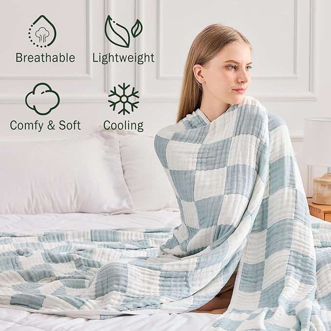 EMME Checkered Throw Blanket Cotton for Couch Soft Muslin Bamboo Blankets 50"x60" Lightweight Breathable Soft Blanket All Season Gauze, Teal