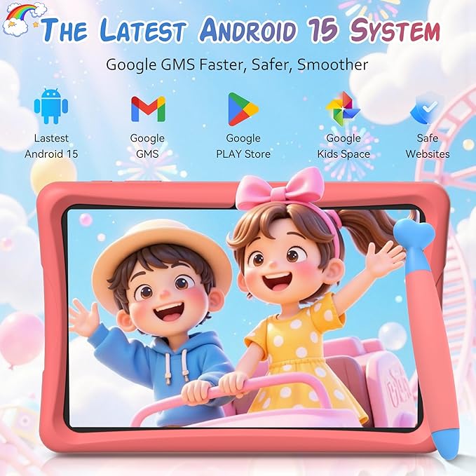 Kids Tablet 10 inch, Android 15 Kids Tablets, Parental Control, Pre-Installed Kiddos Software & Kids Space, Includes Case & Stylus Pen, 12GB RAM 64GB ROM, 2TB Expand, HD IPS Screen(Pink)