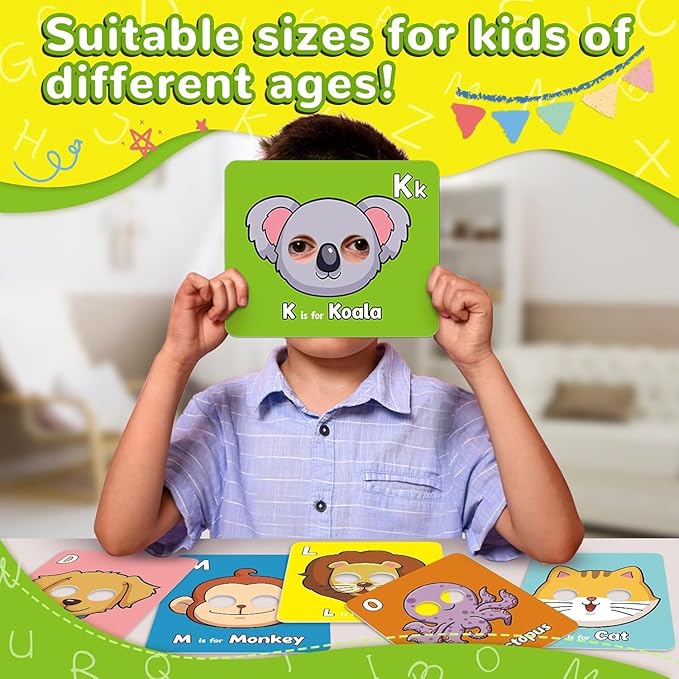 Alphabet ABC Flash Cards with Animal Masks, 26 Pcs Animal mask Alphabet Cards, Interactive Education Games, Learn Letters, English Phrases(Colorful)