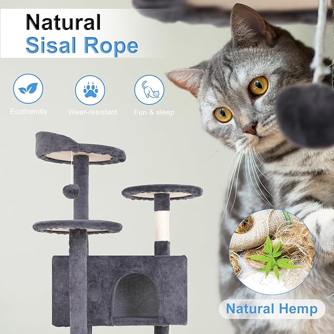 FDW Cat Tree 54in Cat Tower Multi-Level Durable Cat Scratching Post & Cozy Fun Cat Jumping Platform Space Saving Cat Condo Pet Play House for Indoor Cats,Ashy