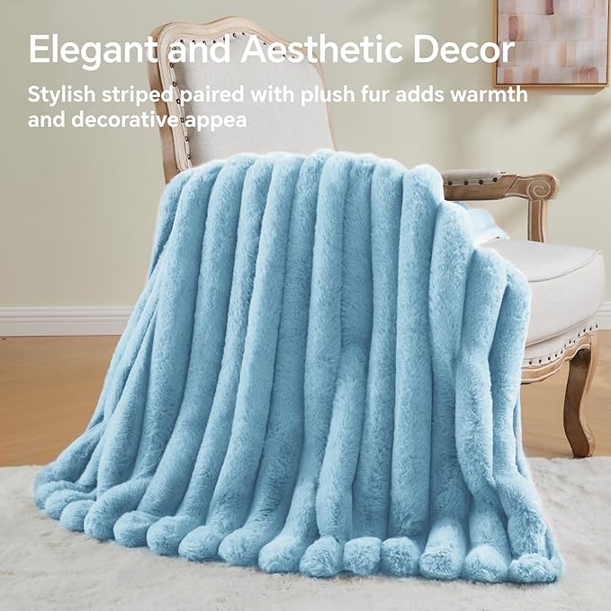 BEDELITE Faux Rabbit Fur Blanket, Luxurious 3D Striped Spring Blanket for Decor & Gift, Soft and Warm Plush Fluffy Faux Fur Throw Blanket All Seasons Suitable, (Light Blue, 50"x 60")