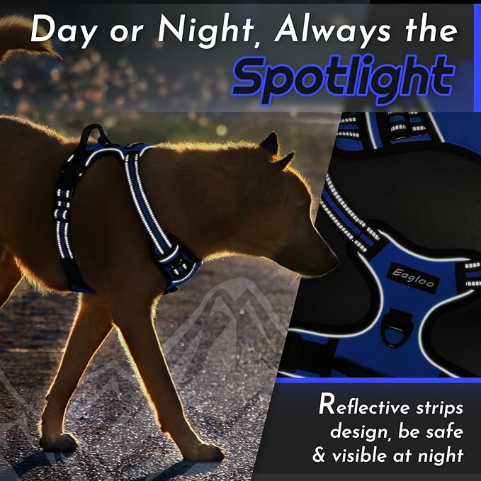 Eagloo Dog Harness for Large Dogs, No Pull Service Vest with Reflective Strips and Control Handle, Adjustable and Comfortable for Walking, No Choke Pet Harness with 2 Metal Rings, Blue, XL