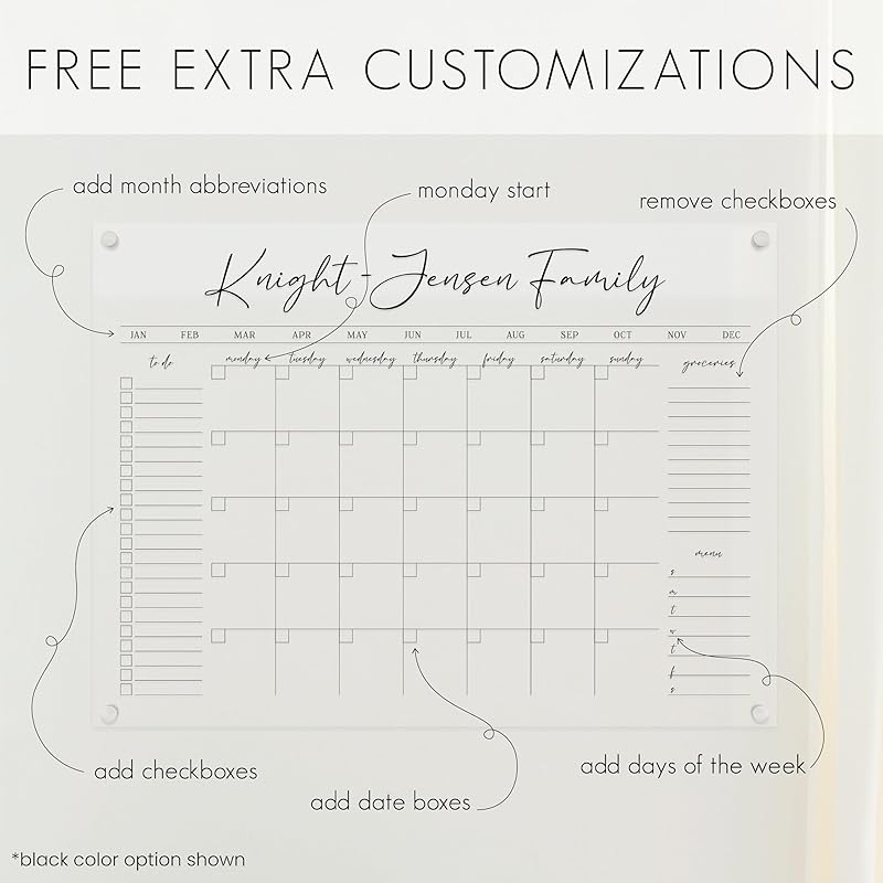 Personalized Clear Acrylic Calendar for Wall, Calendar Whiteboard for Wall, Dry Erase Wall Calendar, Wall Calendar Organizer System for Home (Cursive, Grey, 31"W x 23"H)