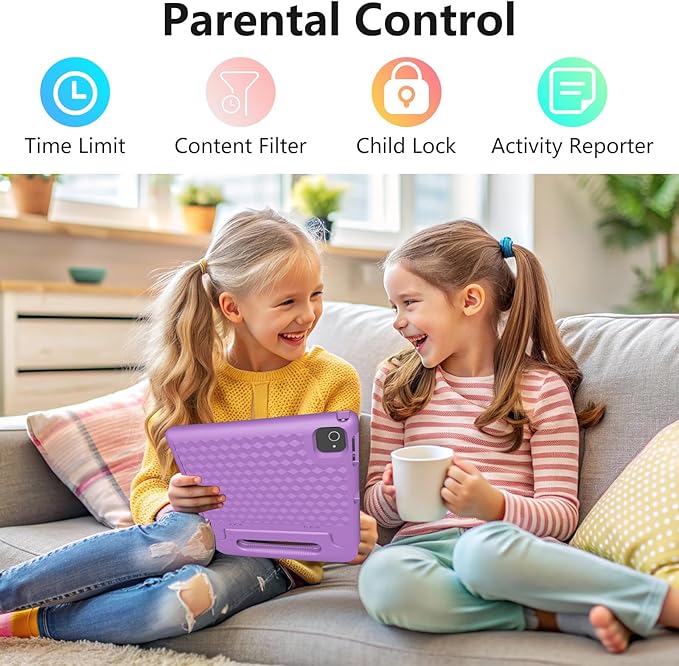 JREN Tablet for Kids｜10 Inch Kids Tablet Android 14｜Octa-core｜64GB｜WiFi ｜Bluetooth｜Parental Control｜Children Content｜Children Toddler Purple