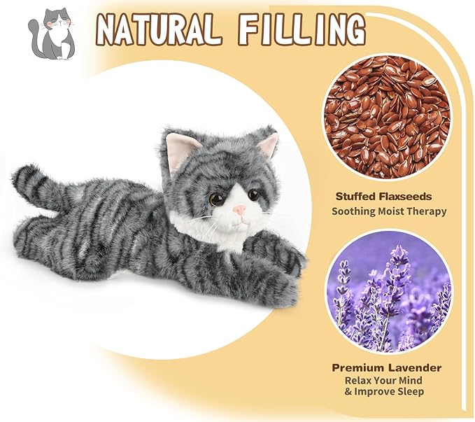 Gray Tabby Cat Stuffed Animals, Microwavable Stuffed Animal Adorable Fluffy Cat Plush for Warmth & Comfort, Heatable & Coolable Lavender Scent Cat Toys, Cute Soft Plushies Cat Gifts for Kids & Adults