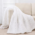 Bigacogo Chunky Knit Throw Blanket for Couch, 60x80 inches, 100% Hand Knitted with Thick Jumbo Chenille Yarn, Cozy Soft Large Rope Knot Cable Crochet Blankets for Sofa Bed Living Room, White