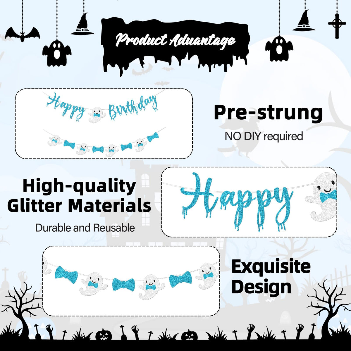 Vofrise Blue Halloween Birthday Banner Glitter Bow Tie Ghost Garland