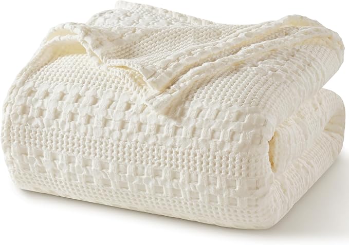 PHF 100% Cotton Waffle Weave Blanket Queen Size, Soft Lightweight Breathable Cozy Summer Blankets for Bed, Luxury Aesthetic Woven Bedding for Home Decor, 90"x90", Ivory