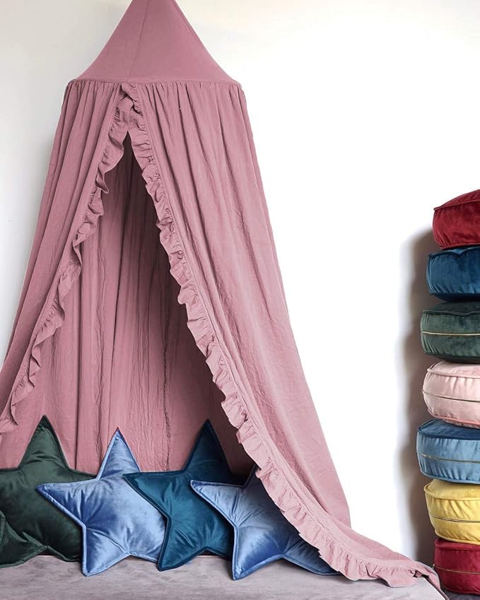 Bed Canopy with Frills Reading Nook Game Tent for Kids Boho Hanging Net Play Room Decor(Dusty Rose)