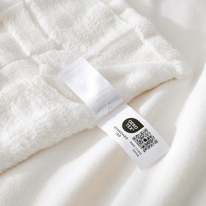 Cozy Bliss Checkered White Faux Rabbit Fur Throw Blanket, Soft Fuzzy Fluffy Minky Cream Furry Blankets for Couch, Bed (50 * 60 Inches Ivory)