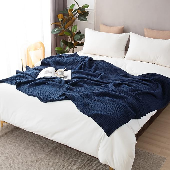 EMME Cotton Blanket Queen Size for Bed Soft Large Muslin Bed Blankets 90"x90" Lightweight Breathable All Season Gauze Blanket, Navy