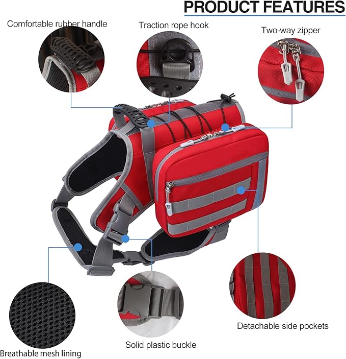 BYGD Dog Hiking Backpack, Dog Backpack for Medium to Large Dogs, with Large Capacity, 2 Spacious Side Bags for Walking, Training, Running, Harnessing Outdoor Hiking (L XL Red).