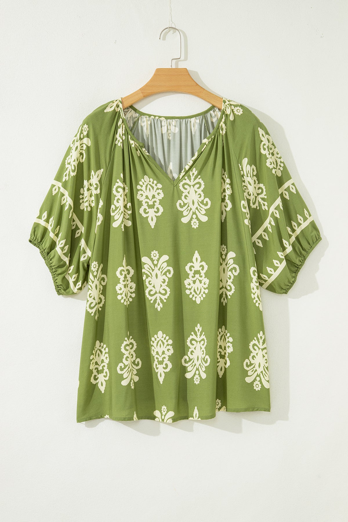 Green Boho Chic Notched V Neck Plus Floral Short Sleeve Top