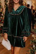 Blackish Green Leopard Trim Velvet Long Sleeve Shift Dress