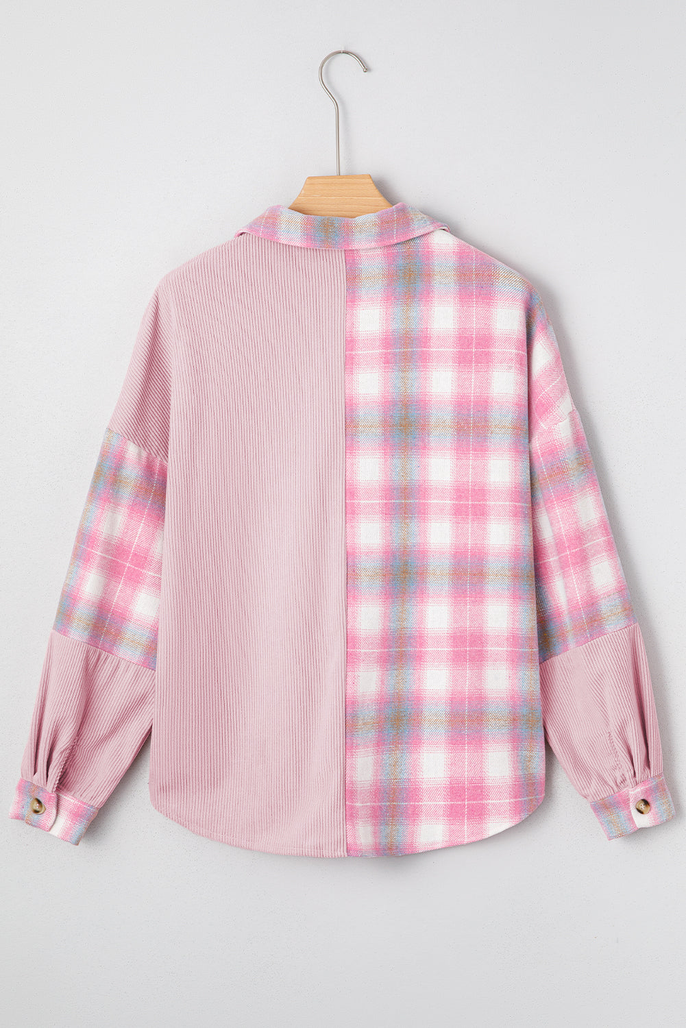 Pink Brushed Plaid Corduroy Flap Pockets Patchwork Shacket