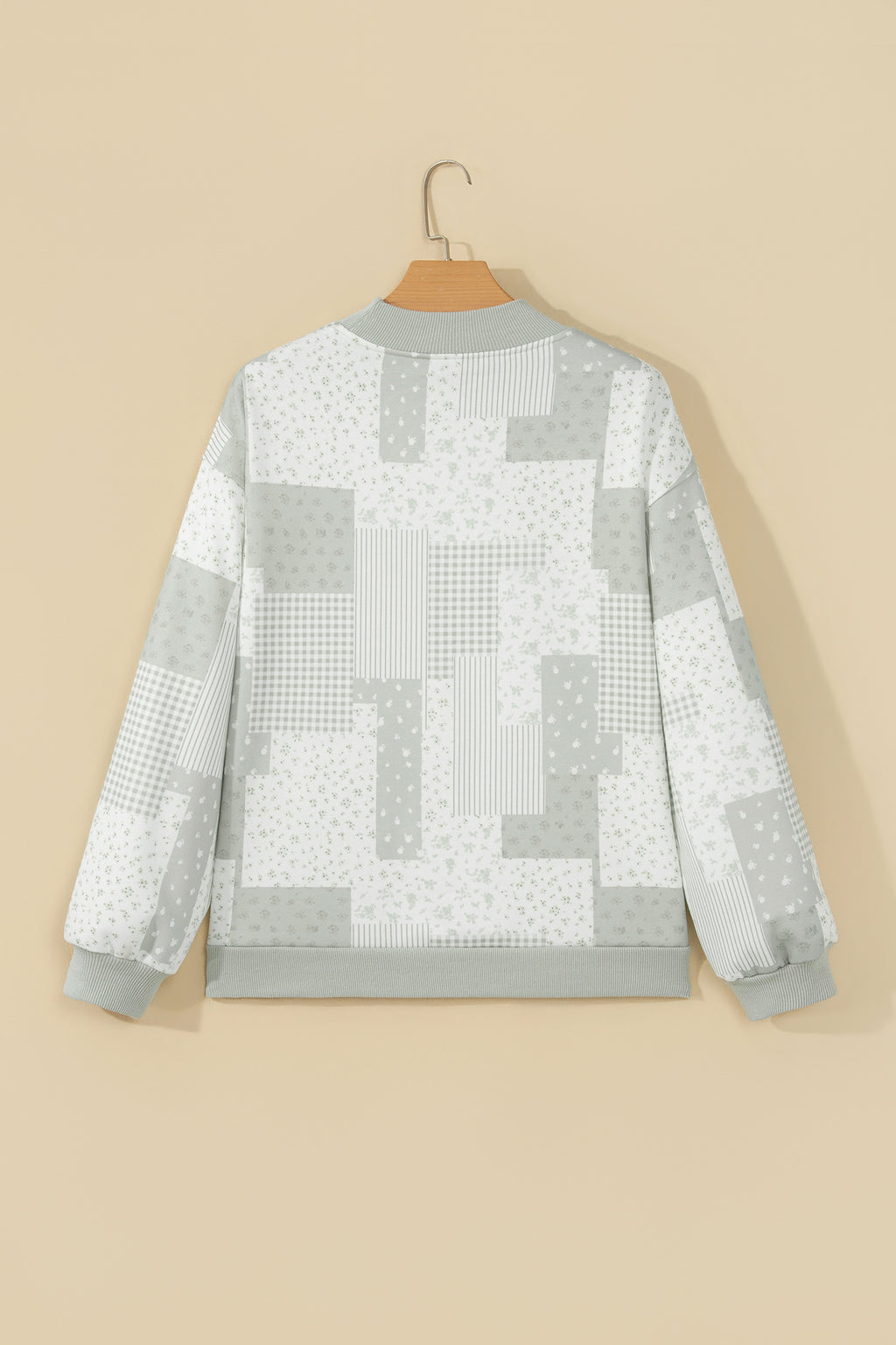 Khaki Patchwork Floral Print Mock Neck Long Sleeve Sweatshirt