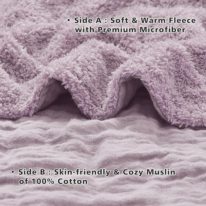 EMME Muslin and Fleece Throw Blanket Reversible - 50"*60" Lavender Soft Warm Throw Blankets for Couch Bed Picnic Travel Bed