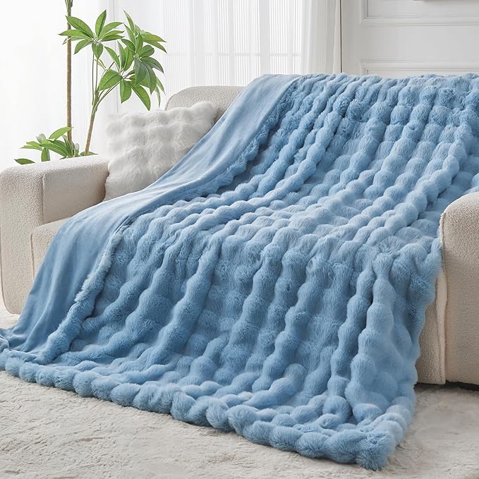 Lotus Karen Fuzzy Throw Blanket Blue - Big Bubble Faux Rabbit Fur Blanket for Couch,Softest Cozy Fluffy Blanket,Thick Furry Plush Shaggy Warm Blankets for Women,50x60 Inches