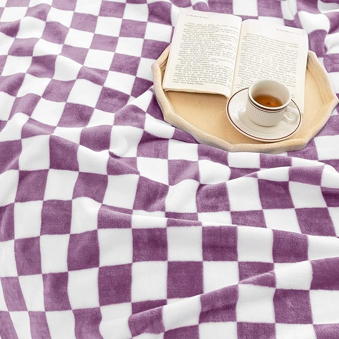 LOMAO Throw Blankets Flannel Blanket with Checkerboard Grid Pattern Soft Throw Blanket for Couch, Bed, Sofa Luxurious Warm and Cozy for All Seasons (Purple, 40"x50")