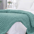Bigacogo Chunky Knit Throw Blanket for Couch, 40x80 inches, 100% Hand Knitted with Thick Jumbo Chenille Yarn, Cozy Soft Large Rope Knot Cable Crochet Blankets for Sofa Bed Living Room, Light Teal