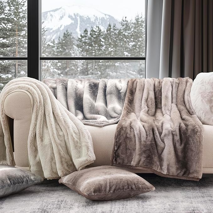 Ultra Soft Luxury Fluffy Mink Faux Fur Throw Blanket, Thick Warm Fall Winter Blankets for Bed, Couch, Cozy Plush Reversible Blanket for Chair, Sofa (Ombré Hazel Brown, 50"x60")