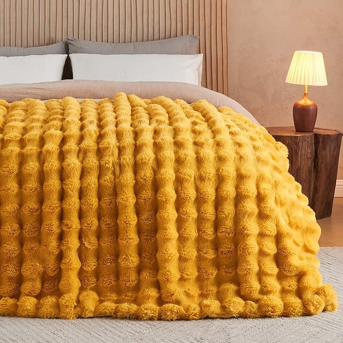 Lotus Karen Faux Fur Throw Blanket Ginger Yellow - Big Bubble Rabbit Fluff Blanket for Couch Bed Sofa,Softest Fluffy Fuzzy Cozy Blanket,Thick Furry Plush Shaggy Warm Blankets for Women,60x80 Inches
