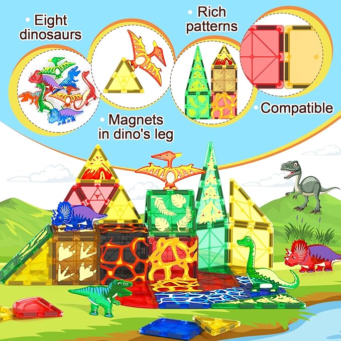 102PCS Dinosaur Toys Magnetic Tiles with 8 Dinosaurs - Jurassic Scenes Dinosaur World Adventure Set, Magnetic Blocks Kids Toys for Boys & Girls Ages 3+, Sensory Toddler Creative Kids Games Gifts