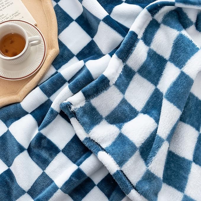 LOMAO Throw Blankets Flannel Blanket with Checkerboard Grid Pattern Soft Throw Blanket for Couch, Bed, Sofa Luxurious Warm and Cozy for All Seasons (Navy, 60"x80")