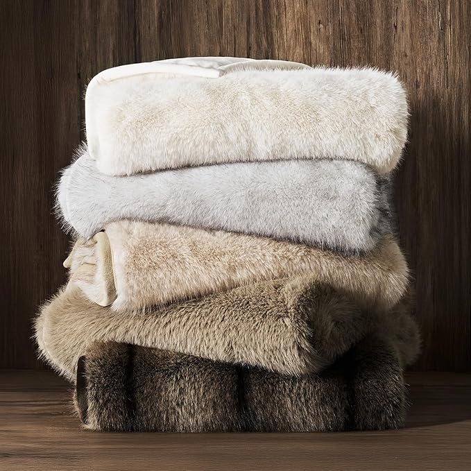 Luxury Faux Fur Throw Blanket, Soft Fluffy Faux Mink Blankets for Bed, Couch, Sofa, Thick Cozy Plush Warm Fur Throws with Reversible Velvet, Tipped Golden Fox, 50"x60"