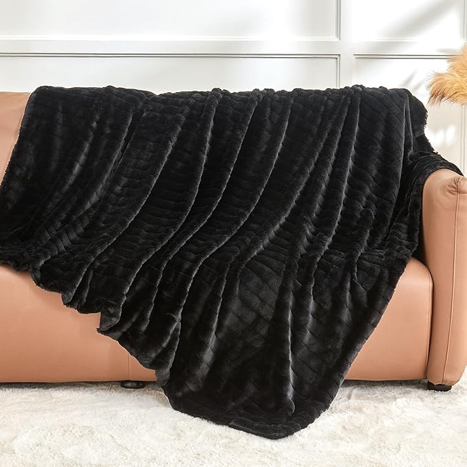 BEDELITE Faux Fur Throw Blanket for Couch, Soft and Cozy 3D Ribbed Fluffy Blanket, Thick Warm Plush Fuzzy Faux Rabbit Fur Blanket for Women Gift (Black, 60"x 80")