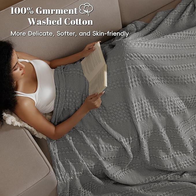 PHF 100% Cotton Waffle Weave Blanket Twin Size, Soft Lightweight Breathable Cozy Summer Blankets for Bed, Luxury Aesthetic Woven Bedding for Home Decor, 66"x90", Dark Grey