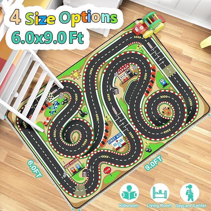 Kids Rug, Race Track Baby Play Mats, Realistic 3D Cascading Surround Route, 6x9 Ft Kids Rug for Playroom, Great for Playing with Cars and Toys, Non-Slip Car Carpet