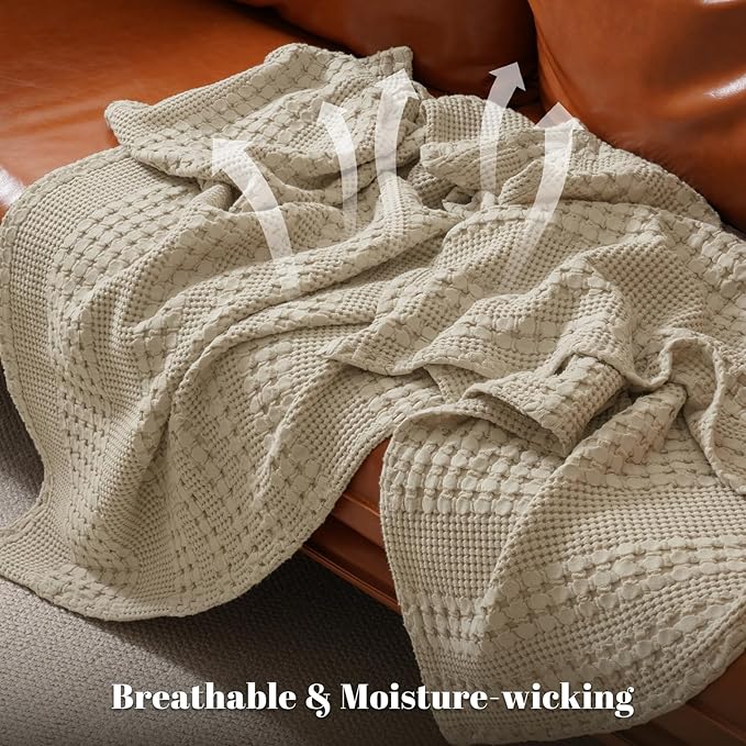 PHF 100% Cotton Waffle Weave Blanket King Size, Soft Lightweight Breathable Cozy Summer Blankets for Bed, Luxury Aesthetic Woven Bedding for Home Decor, 108"x90", Khaki